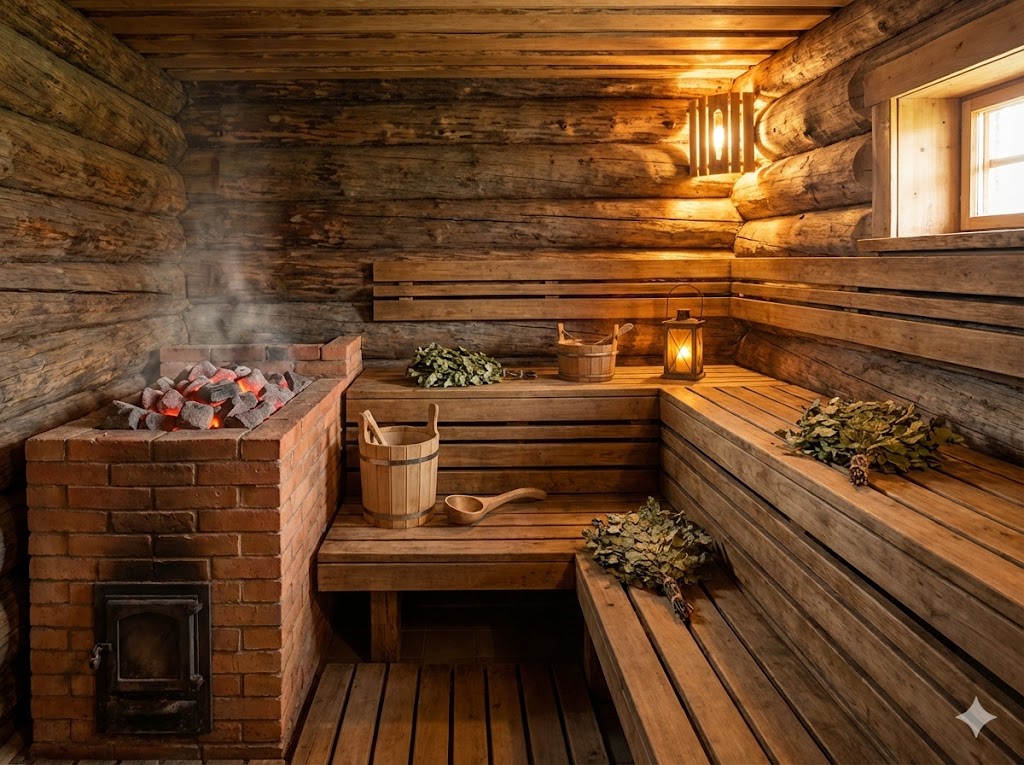 Интерьер бани с печью